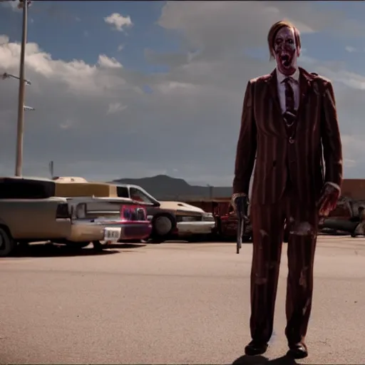 Prompt: film still of zombie zombie saul goodman as a zombie in better call saul, 4 k