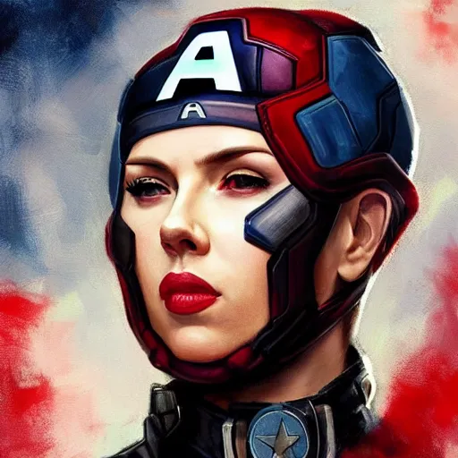 Image similar to captain america played by by scarlett johansson wearing atompunk outfit, face portrait, hd shot, digital portrait, elegant, beautiful, fantasy art, artstation, comic style, by artgerm, guy denning, jakub rozalski, magali villeneuve and charlie bowater