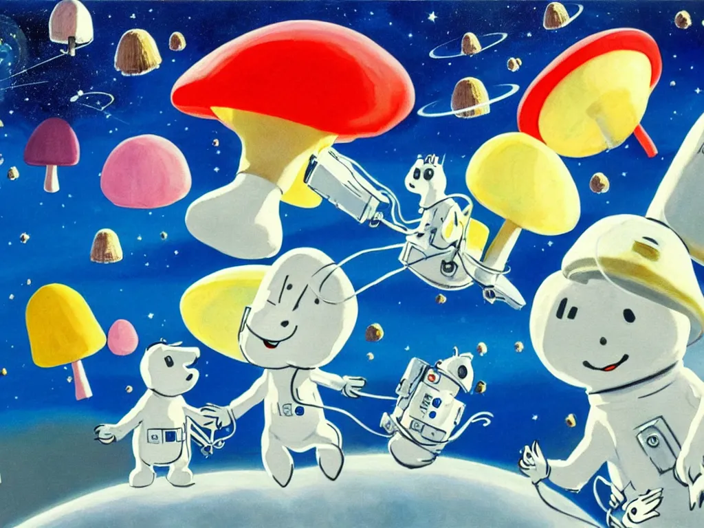 Prompt: moomins in space suits flying around with jetpacks discovering the mushroom planet, photorealistic painting, cgi