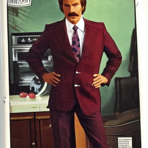 Image similar to shot from a 1 9 7 4 sears catalog of ron burgundy modeling mens clothing, high detail, photorealistic,