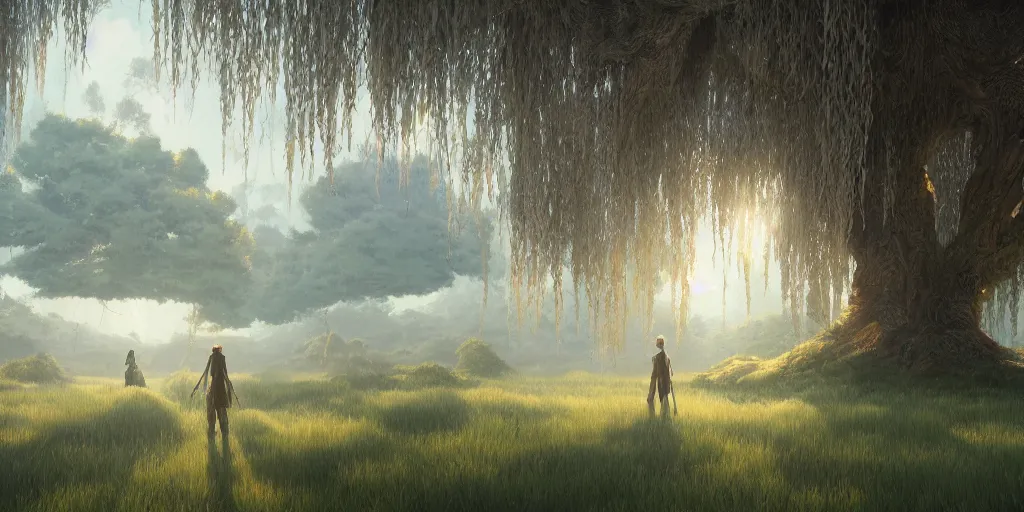 Prompt: willow tree, matte oil painting, highly detailed, hyperrealistic, cinematic, breathtaking, beautiful composition, Mokoto Shinkai, Studio Ghibli, Dan Mumford, James Jean, volumetric lighting, octane render, 4K resolution, trending on artstation