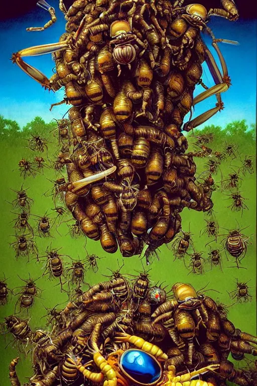 Prompt: a hyperrealistic painting of an epic boss fight against a mechanical hornets nest in a suburban neighborhood on a sunny day, cinematic horror by chris cunningham, lisa frank, richard corben, highly detailed, vivid color,