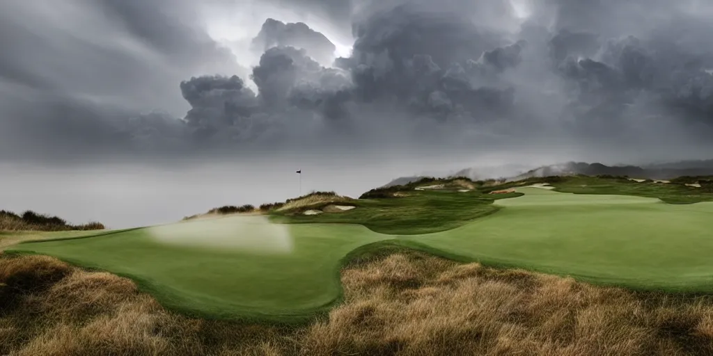 Image similar to a great photograph of the most amazing golf hole in the world, on top of the clouds, lightning storm, ambient light, golf digest, top 1 0 0, fog