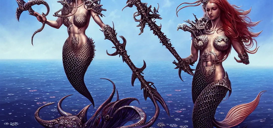 Prompt: a beautiful mermaid wearing metal armor holding an ornate sword, alien fish attack in the style of roger dean, realistic, sharp focus, 8 k high definition, insanely detailed, intricate, elegant, art by greg rutkowski and artgerm, extreme blur cherry blossoms background