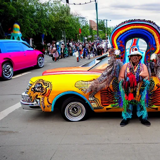 Image similar to wide angle panoramic photo of an indigenous cholo shaman dressed with a quetzalcoatl feathered serpent driving a convertible lowrider car in brooklyn in 2 0 5 0