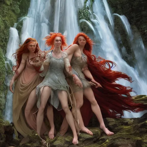 Prompt: an extremely detailed portrait of four polyamorous red haired witches dancing while hiding from a thunderstorm in a cave behind a waterfall, epic fantasy, viewed in profile from far away, sharp focus, detailed face, art by greg rutkowski and alphonse mucha, volumetric lighting, 4 k resolution, trending on artstation, masterpiece