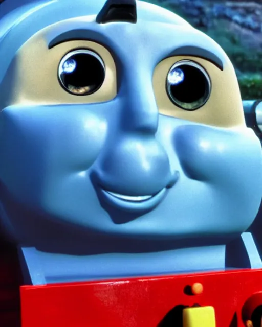 Image similar to Film still close-up shot of Dwayne Johnson as the Thomas the Tank Engine from the movie Thomas and the Magic Railroad. Photographic, photography