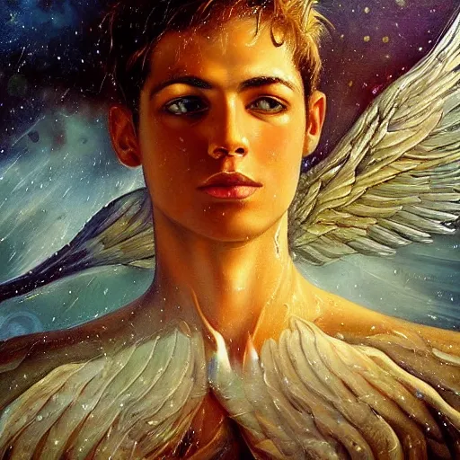 Image similar to beautiful painting by karol bak of a fourteen year old boy with and enormous mechanical wing strapped to his back, standing on the back of a boat in a storm, his arms spread, face looking skyward, wearing only shorts, ready to fly, full body, icarus, winged boy, young teen, rain, clouds, waves, splash,