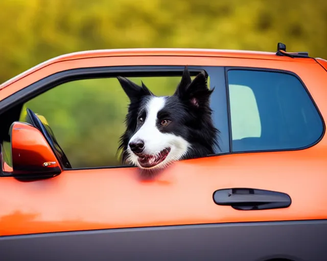 Prompt: border collie dog in the driver's seat of an orange nissan note, paws on wheel, car moving very fast, rally driving photo, award winning photo, golden hour, front of car angle, extreme horizontal background blur, 3 0 0 mm lens