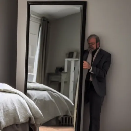 Image similar to a man walks out of his bedroom mirror