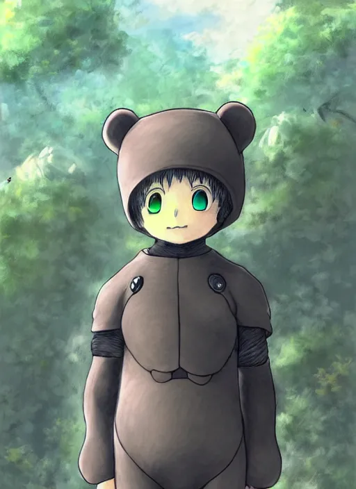 Image similar to beautiful little boy wearing an cyborg bear suit, artwork in kentaro miura and made in abyss and rosdraws, smooth, beautiful lightness, anatomically correct, trending on pixiv, forest