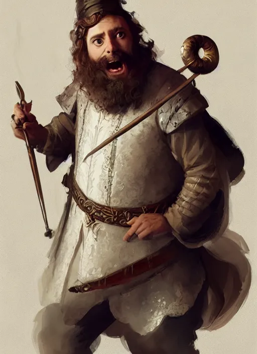 Image similar to illustration of rick moranis as a bard dressed in renaissance clothing with a big beard, by greg rutkowski artstation