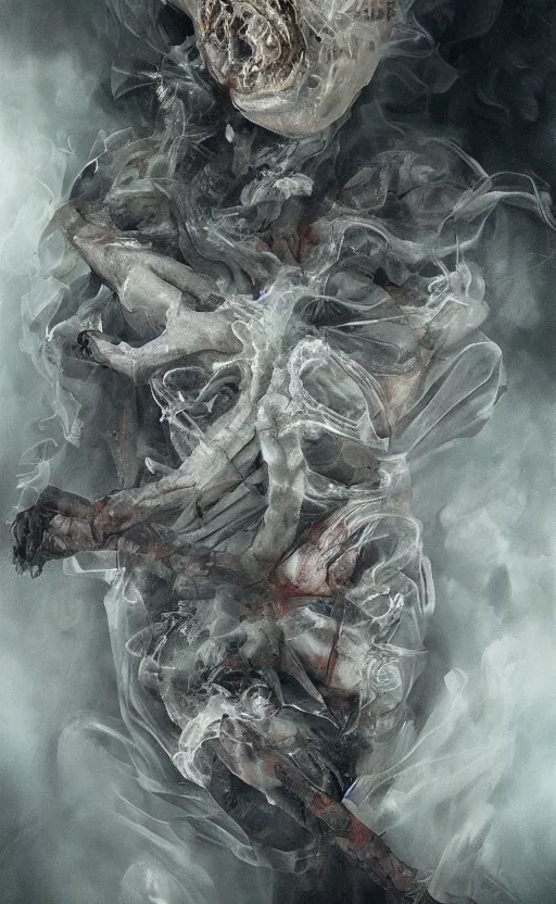 Image similar to anatomy body, high detail, 8k, ornate, masterpiece, complex, by Greg rutkowski, Alex Gray, surrounded by smoke