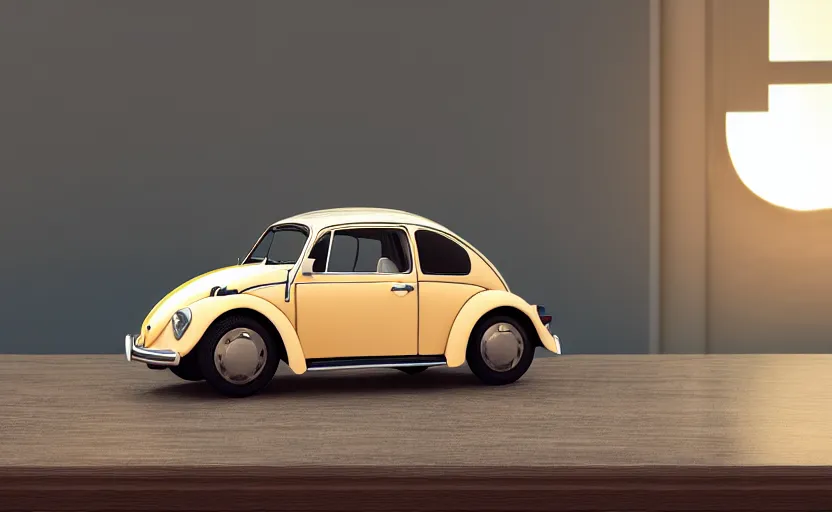 Prompt: a miniature of a VW Beetle on a bookshelf near a window at sunset, DOF, octane render, unreal engine 5, godrays, complementary colors, calm, symmetrical, highly detailed, high quality, 4k, beautiful, hyperrealistic