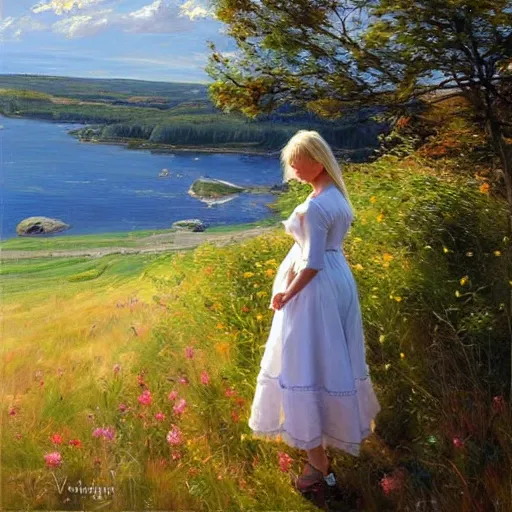 Image similar to blonde woman watching over the swedish countryside, archipelago, masterpiece, highly detailed, beautiful, atmospheric, impressionism, painting by Vladimir Volegov