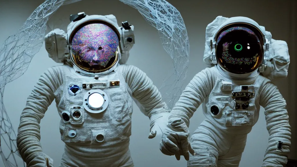 Image similar to a single astronaut eva suit made of diamond 3d fractal lace iridescent bubble 3d skin and covered with insectoid compound eye camera lenses floats through the living room, film still from the movie directed by Denis Villeneuve with art direction by Salvador Dalí, wide lens,