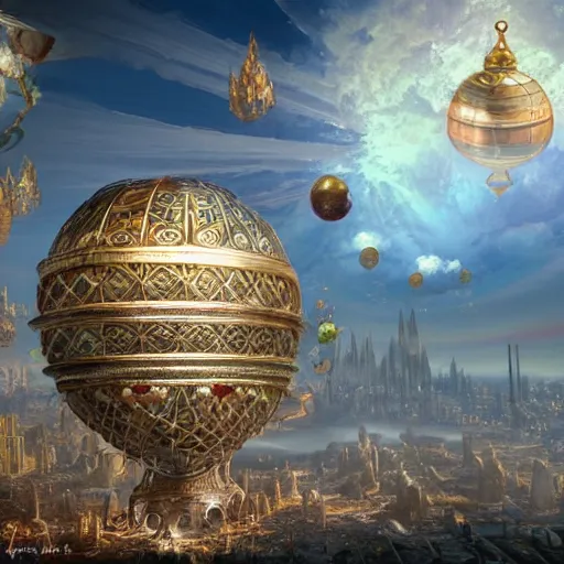 Image similar to enormous flying city in a gigantic faberge egg, sky, steampunk, floating islands, fantasy art, unreal engine,