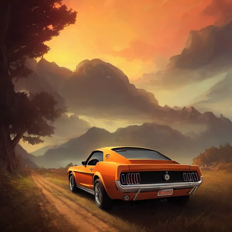 Image similar to view from behind a 1 9 6 8 mustang driving down a country road, coriolios rpg art style, full of details, warm sunset colors, matte painting, artstation, 8 k, hyperrealistic, style of peter mohrbacher, album cover