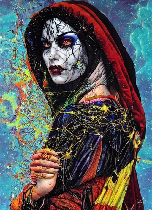 Prompt: acid tripping cult magic psychic woman, subjective consciousness psychedelic, epic surrealism expressionism symbolism story iconic, dark robed witch, oil painting, robe, symmetrical face, greek dark myth, by Sandra Chevrier, Gerald Brom masterpiece