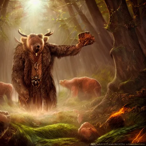 Image similar to elven druid summoning bears in the forest, diablo 2 inspired, trending on artstation, ultra fine detailed, hyper detailed, hd, concept art, digital painting