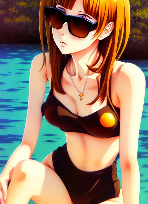 Prompt: anime portrait of a handsome woman, brown hair, yellow - orange eyes, wearing sunglasses and two - piece swimsuit, ilya kuvshinov, anime, pixiv top monthly, trending on artstation, cinematic, danbooru, zerochan art, kyoto animation