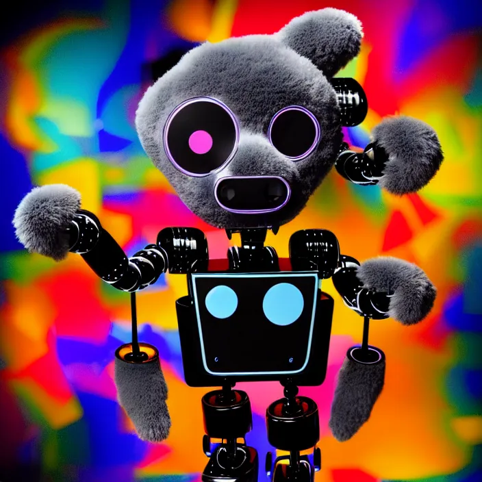 Image similar to a furry robot generating beautiful music, experimental, abstract, colorful, vivid