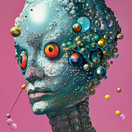 Prompt: surreal gouache painting, yoshitaka amano, ruan jia, conrad roset, bubbles, orbs, incredibly detailed, of floating molecules and a mannequin artist holding an icosahedron with stars, clouds, and rainbows in the background, retrowave, modular patterned mechanical costume headpiece, artstation masterpiece, minimalistic