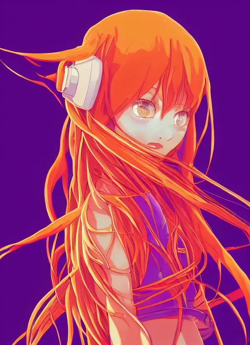 Image similar to a beautiful ultra detailed line art illustration of asuka langley souryuu, centered, by dan mumford and moebius and beeple, trending on artstation, pastel color, dim dusk lighting, cinematic lighting, detailed lighting, volumetric lighting, realistic, f 8, 4 k hd wallpaper, poster, yellow and purple color scheme