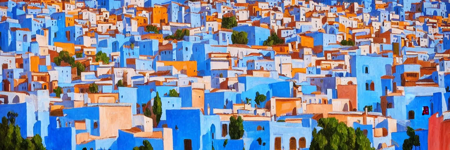 Prompt: Chefchaouen cityscape oil painting magritte