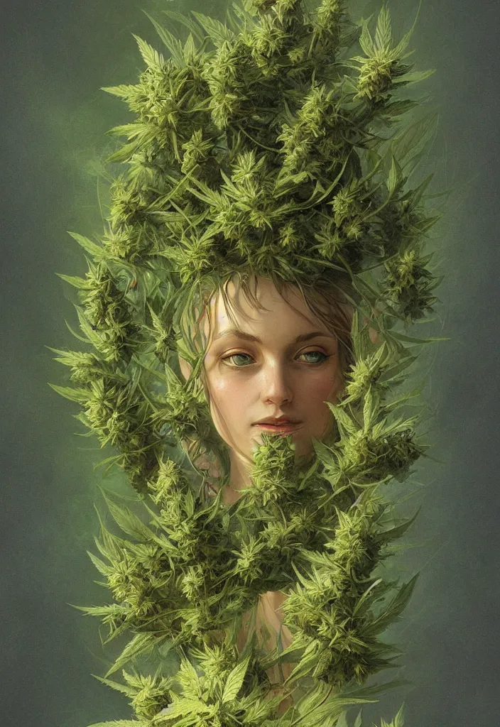 Image similar to Panorama hyper detailed painting of a marijuana weed, green tones, dreamy, 8 mm, highly detailed, digital painting, artstation, concept art, smooth, sharp focus, illustration, art by artgerm and greg rutkowski and alphonse mucha