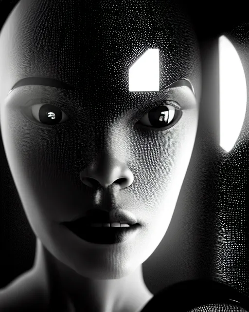 Image similar to black and white high quality photo of a beautiful female human-cyborg looking into a sci-fi mirror, volumetric lighting, liminal space, brutalism, foggy, dreamy, hyperdetailed, bokeh, photorealistic, cinematic, masterpiece, Metropolis, elegant, dark, octane render, 8K, in the style of H.R. Giger