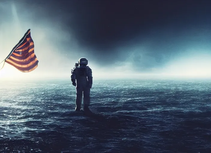 Image similar to astronaut holding a flag in an underwater desert. a submarine is visible in the distance. dark, concept art, cinematic, dramatic, atmospheric, 8 k, trending on artstation, blue, fish, low visibility, fog, ocean floor, christopher nolan, interstellar