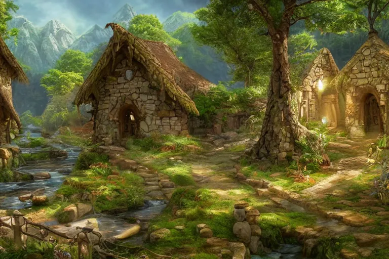 Image similar to A small elven village with elegant architecture at the base of a shallow valley, a winding white pathwalk and a small brook running through, clear blue skies in the background, octane rendering, oil painting, mind-blowing detail, photoreaistic, trending on artstation, trending on deviant art, intricate, elegant, digital painting, saturated colors, smooth, sharp focus, art by artgerm and Todd Shorr