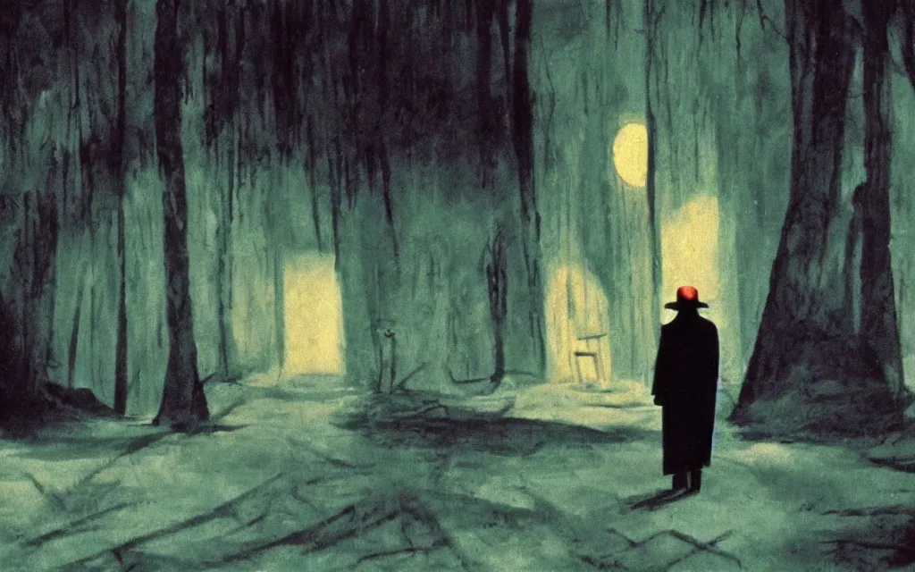 Prompt: high quality high definition colorized movie still from The Cabinet of Doctor Caligari: a lonely ghost walking alone at night in the woods, high quality oil painting, iridescent color palette