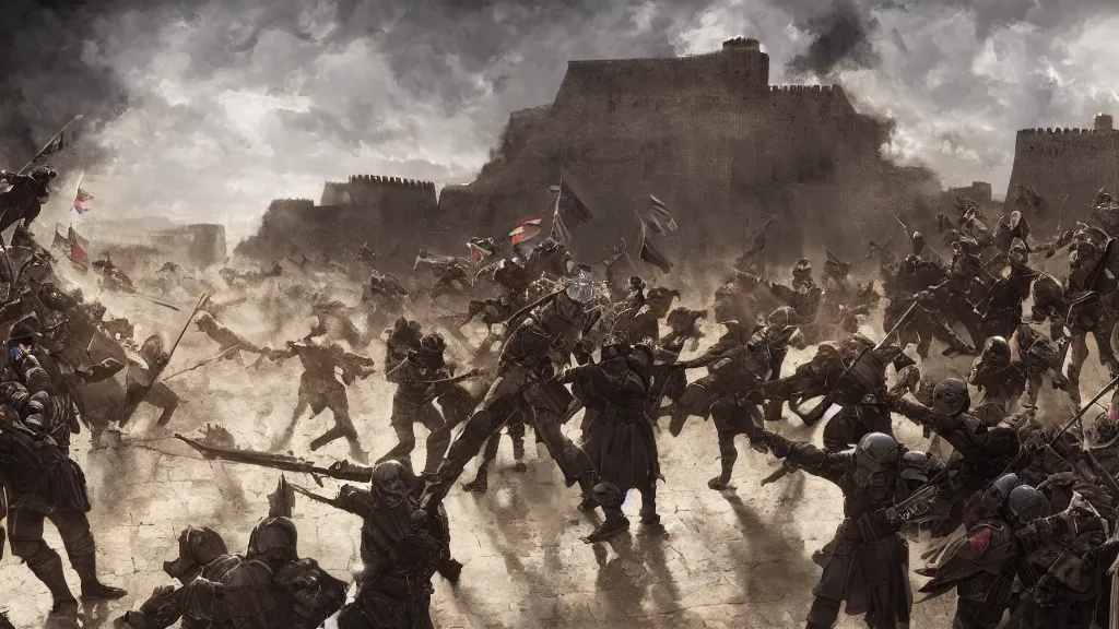 Image similar to patrick j. jones. rutkowski. final conflict scene on the battlements. 3 8 4 0 x 2 1 6 0