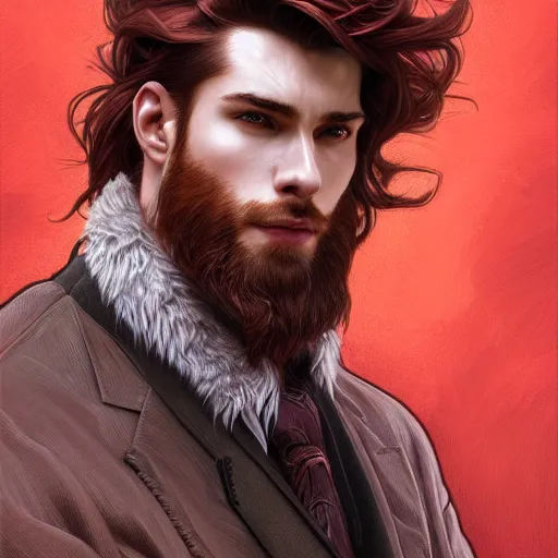 Prompt: portrait of a wolf, male, handsome, masculine, full body, red hair, long hair, soft hair, fantasy, intricate, elegant, highly detailed, suit, coffee shop, digital painting, artstation, concept art, character art, smooth, sharp focus, illustration, art by artgerm and greg rutkowski and alphonse mucha