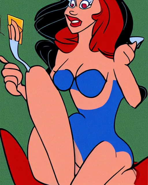 Image similar to Jessica Rabbit eating a bag of Doritos, sitting on a chair