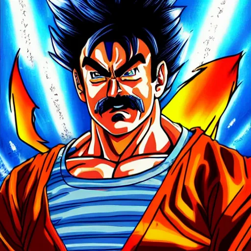 Image similar to ultra realistic portrait painting of tom selleck as goku, art by akira toriyama, 4 k, dragon ball artstyle, cel shaded, highly detailed, epic lighting