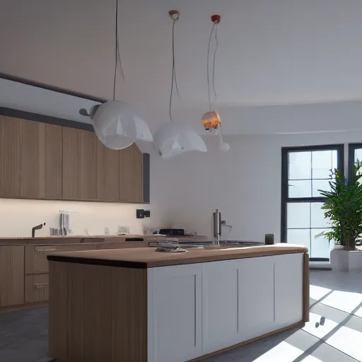 Image similar to kitchen skylight led strip lighting, realistic, wide shot, octane render, house and home, home and garden, hyper realistic, high quality, highly detailed, hd, beautiful, cinematic, 8 k, unreal engine,