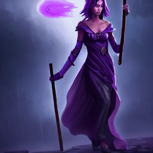 Image similar to a woman in a purple dress holding a staff and dark magic, storm and rain behind her, action scene, magical concept art, artstation contest winner, fantasy art, dark and mysterious, artstation hd, detailed, 8 k, digital art