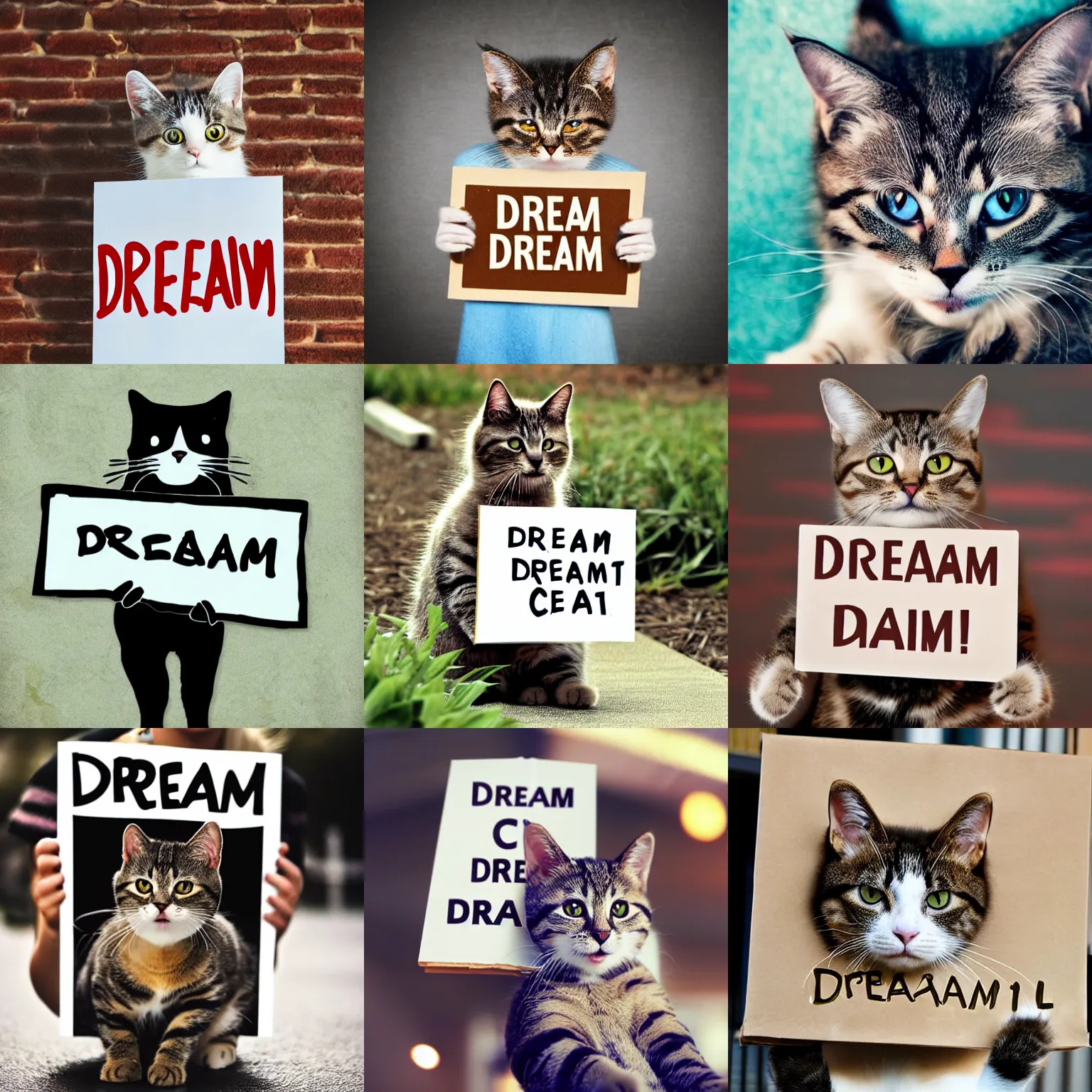 Prompt: realistic high quality photo of a cute cat holding a sign with text that reads : dream cat