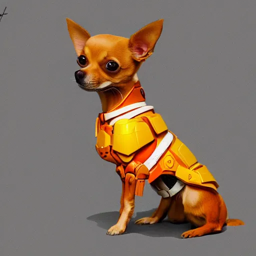 Image similar to a robotic super hero honey colored chihuahua puppy Showing off her streetwear , artstation, greg rutkowski, cinematic , digital Art