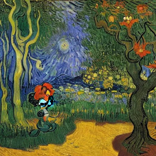 Image similar to mickey mouse entering the garden of eden, oil painting by van gogh, masterpiece