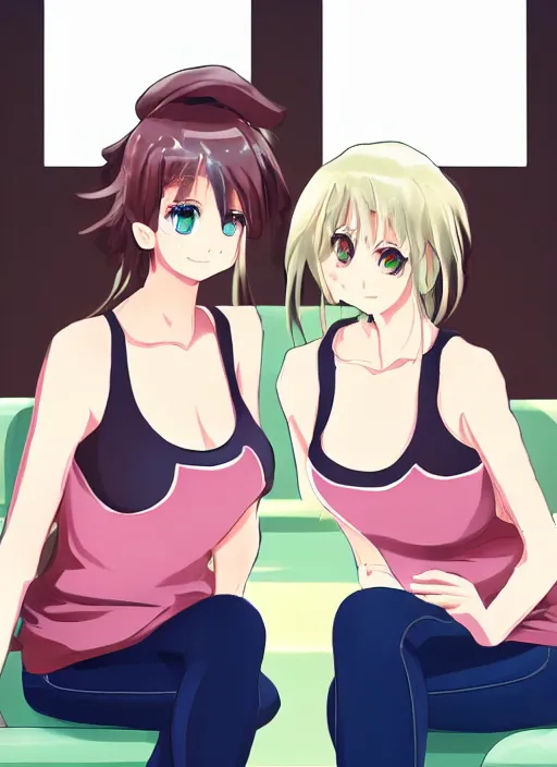 Image similar to two beautiful mothers sitting across from each other, tank tops, gorgeous faces, thick lines, cinematic lighting, detailed anime art