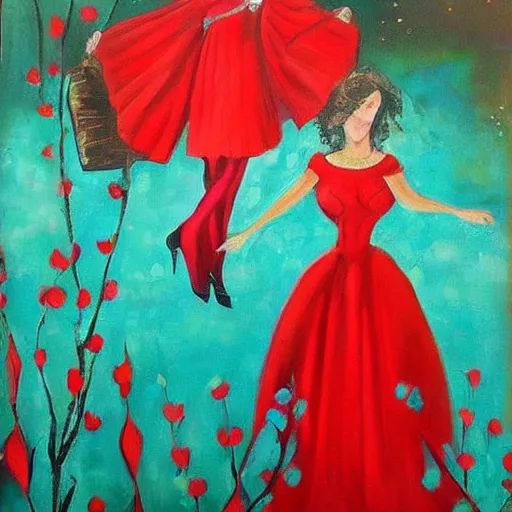 Prompt: beautifull women wearing red dress background beautifull painting