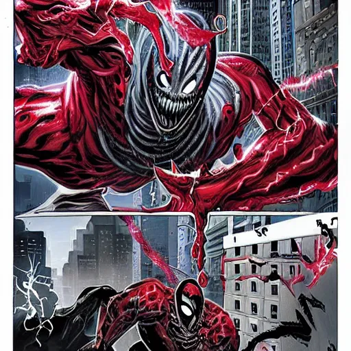 Prompt: carnage symbiote destroying new york city on a dark and gloomy night