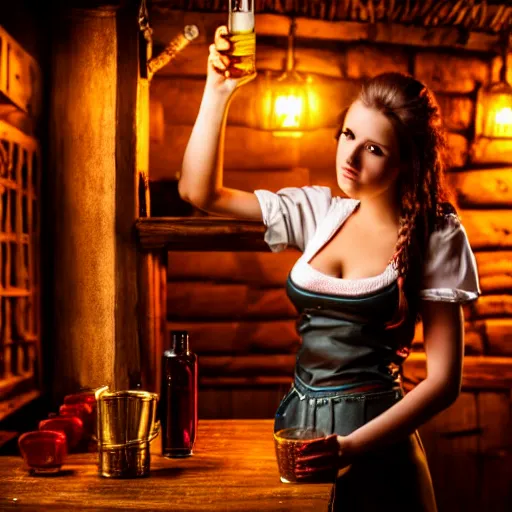Image similar to young attractive beautiful bar maid in a medieval tavern at night, cinematic, filmic, studio lighting