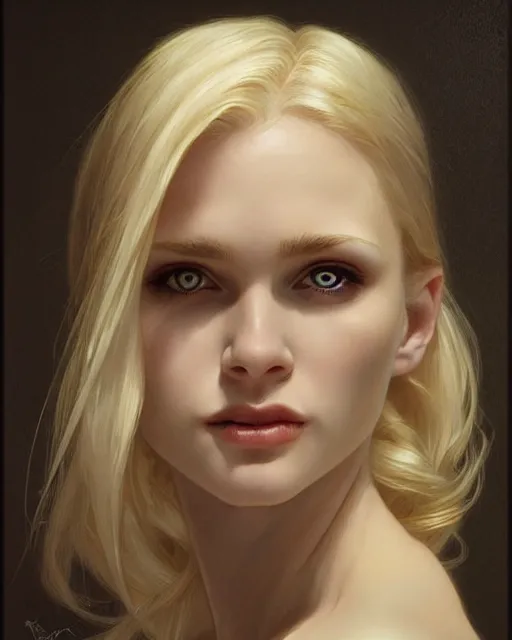 Image similar to portrait of a beautiful young blonde vampire, dark, piercing eyes, gentle expression, elegant clothing, photorealistic, highly detailed, artstation, smooth, sharp focus, art by michael whelan, artgerm, greg rutkowski and alphonse mucha