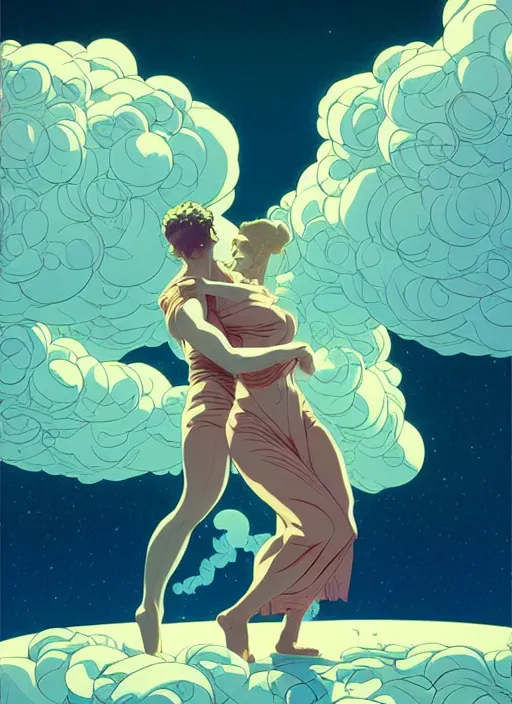 Image similar to poster artwork by michael whelan and tomer hanuka, a portrait of beautiful sensual dancing in the clouds of jupiter, clean