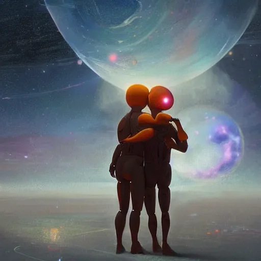 Image similar to digital painting of two humanoid robots hugging each other, supernova in the background, cosmic and stars and planets and galaxy, stunning, surreal, cinematic lighting, concept art by greg rutkowski and simon stalenhag